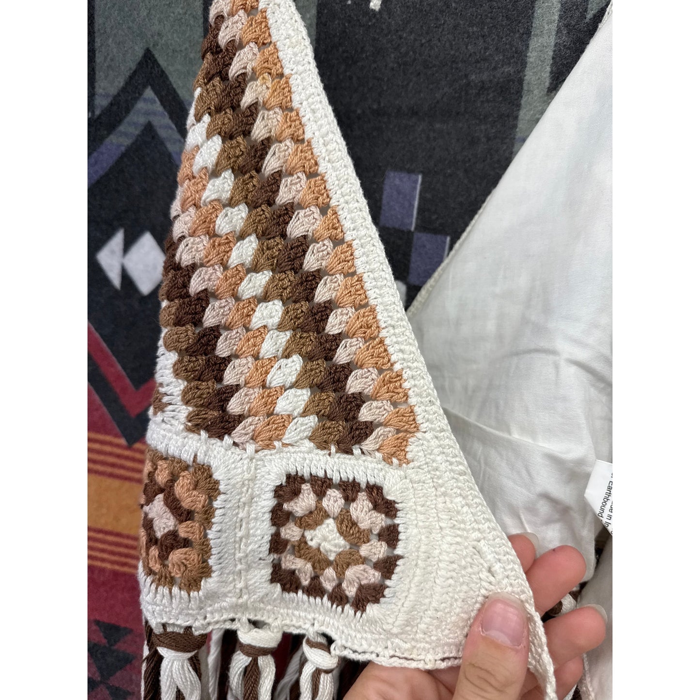 Earthbound Trading Co Patchwork Crop Fringe Top XL Hippie Boho Crotchet Knit