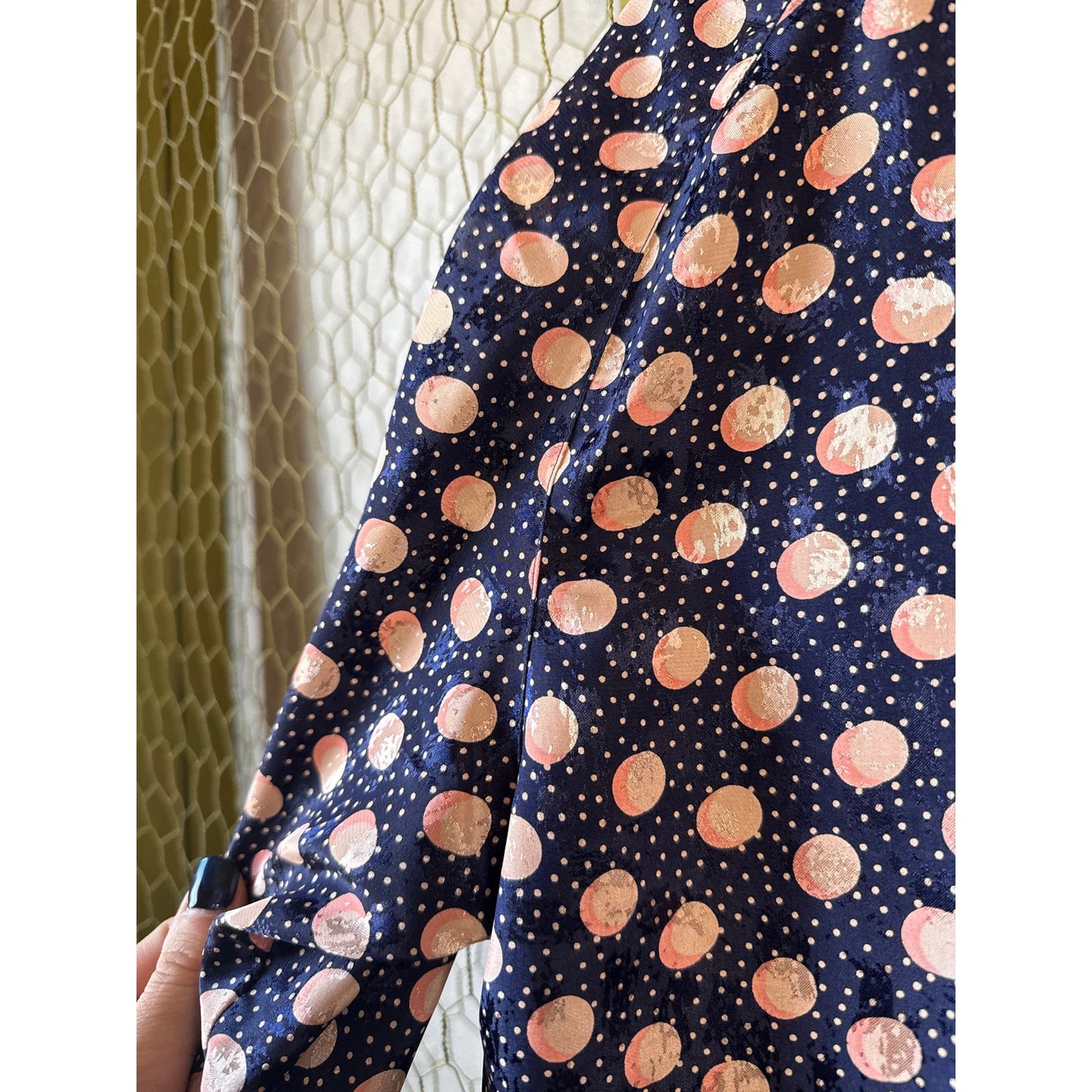 Michelle Stewart Size Small Pattern Long Sleeve Blouse Spring Navy