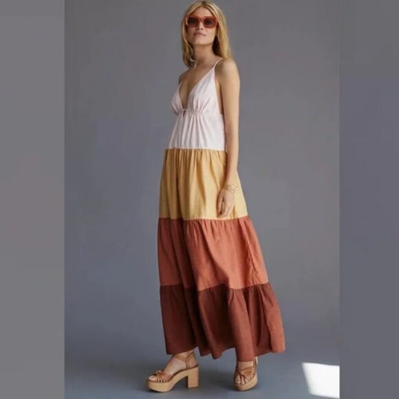 By Anthropologie Raya Maxi Tiered Dress Large Cotton Colorblock
