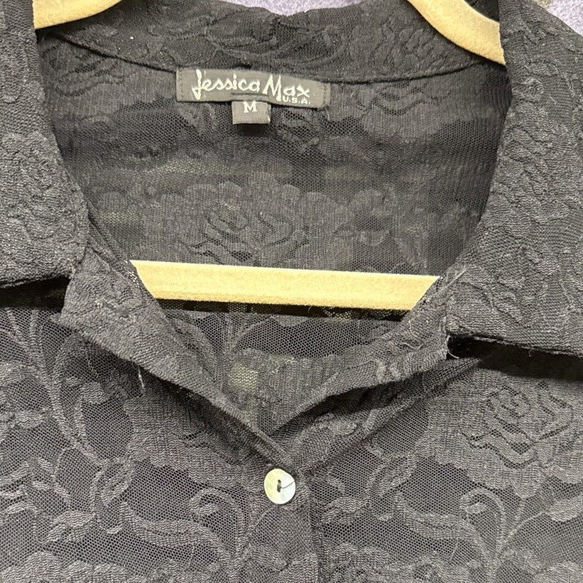 Jessica Max USA Black Medium Sheer Button Up Vintage Sexy Y2K Rave Whimsygoth