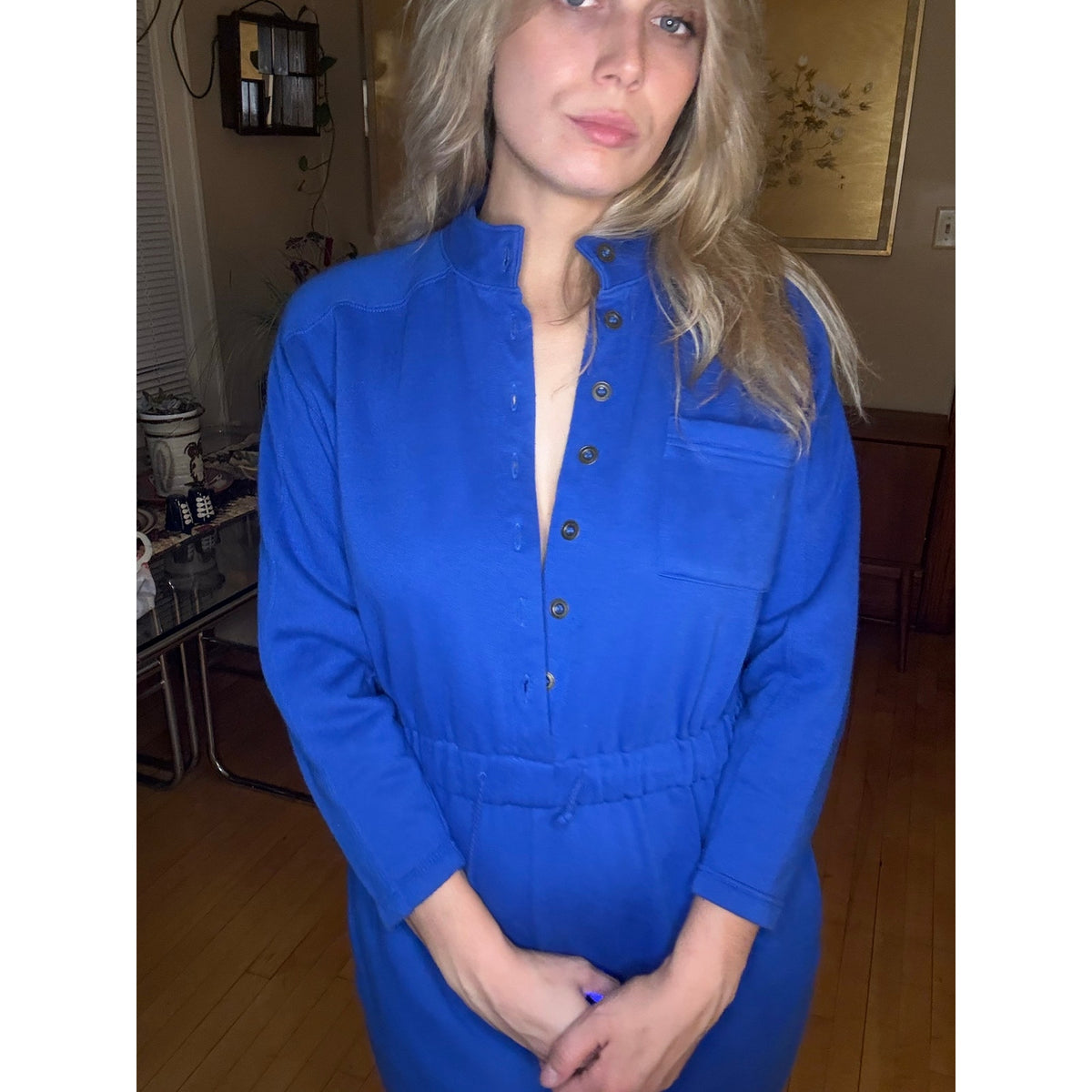 80s Vintage Elle Macpherson Blue Jumpsuit Medium Cozy Winter Pajamas Layer