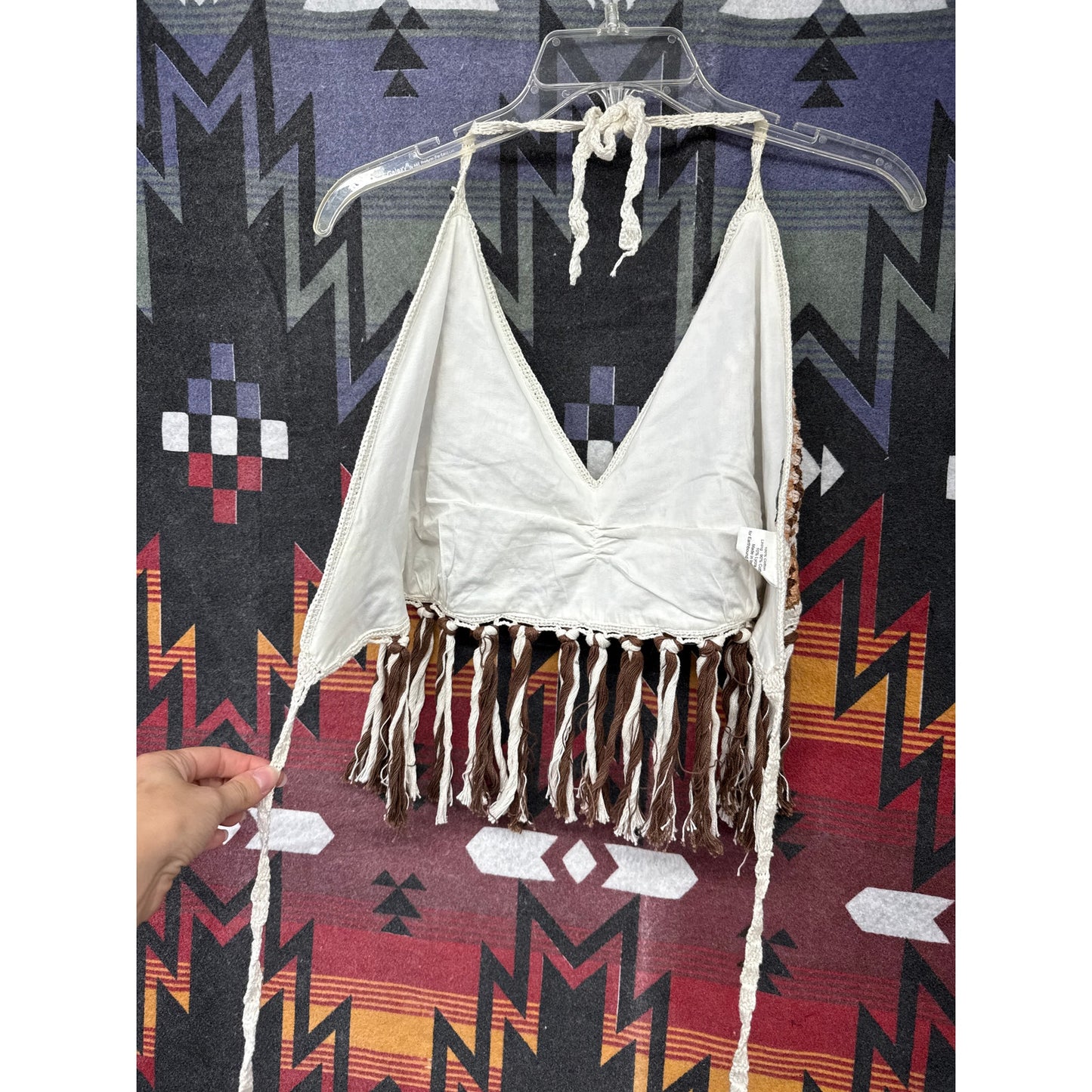 Earthbound Trading Co Patchwork Crop Fringe Top XL Hippie Boho Crotchet Knit