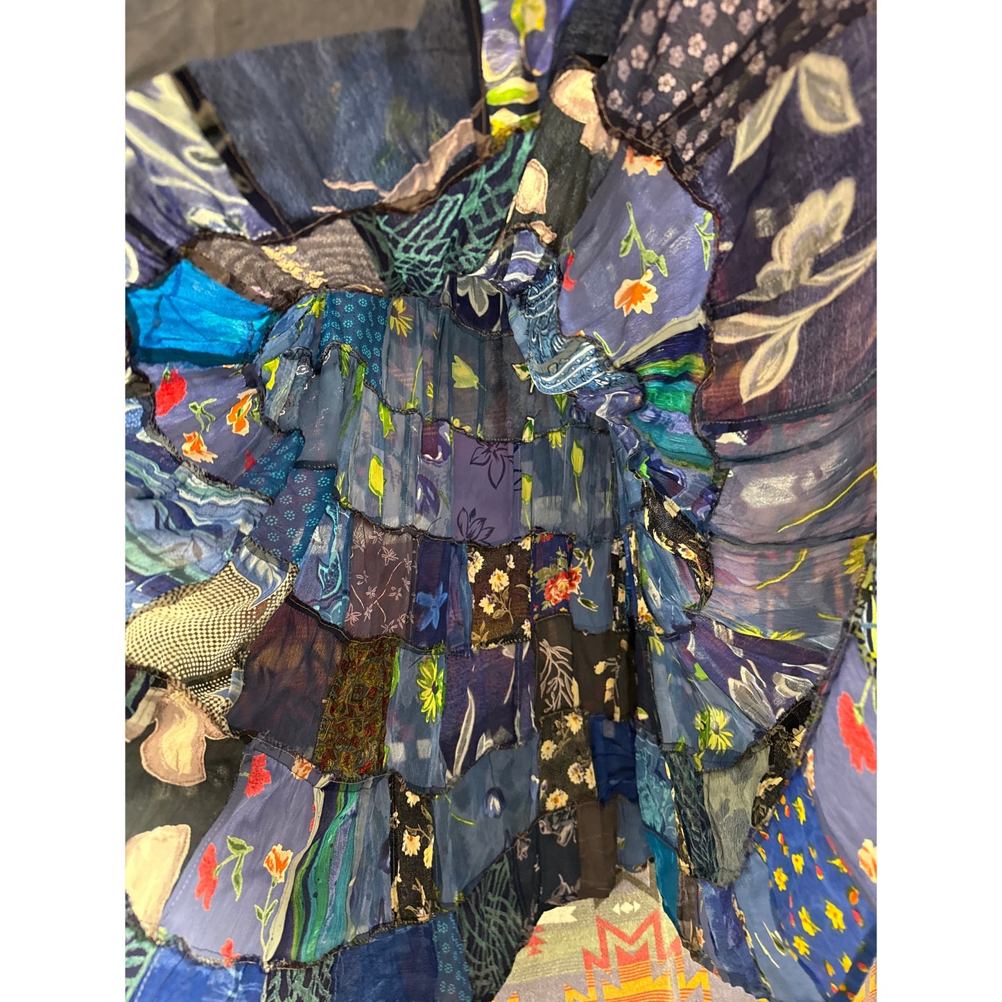 90s Blue Patchwork Floral Garden Tiered Pleated Maxi Skirt One Size Hippie Fairy