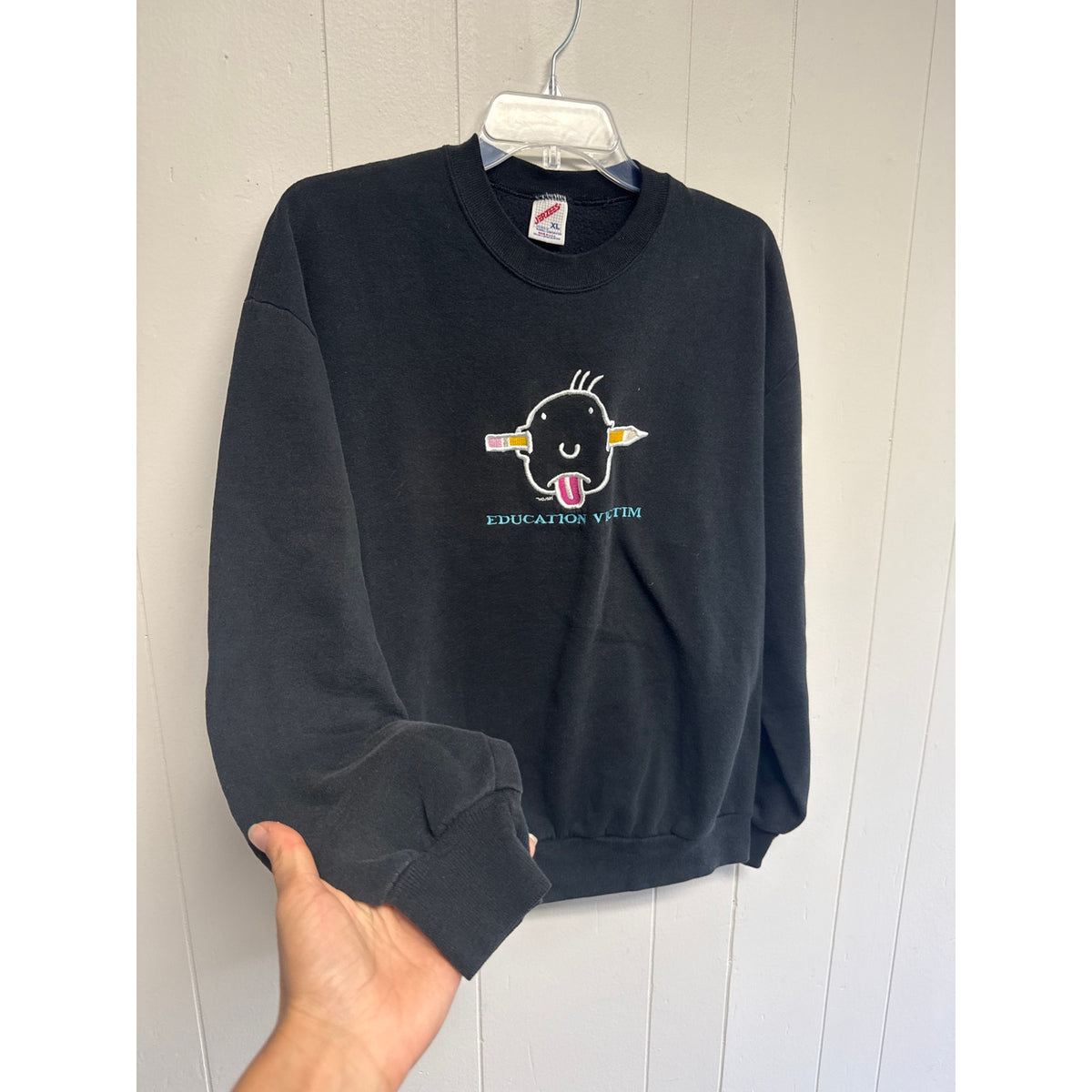 90s Vintage Education Victim Black Sweatshirt Grunge Sassy XL Cartoon Unisex