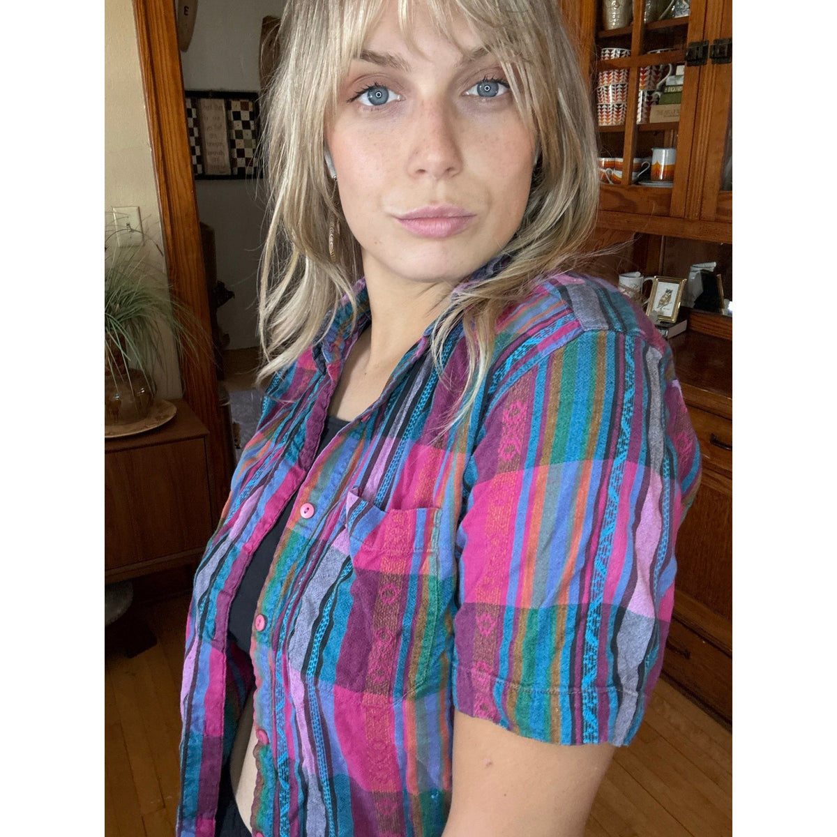 80s Vintage Jeans Wear Pink Plaid Button Down Shirt Medium Farmer