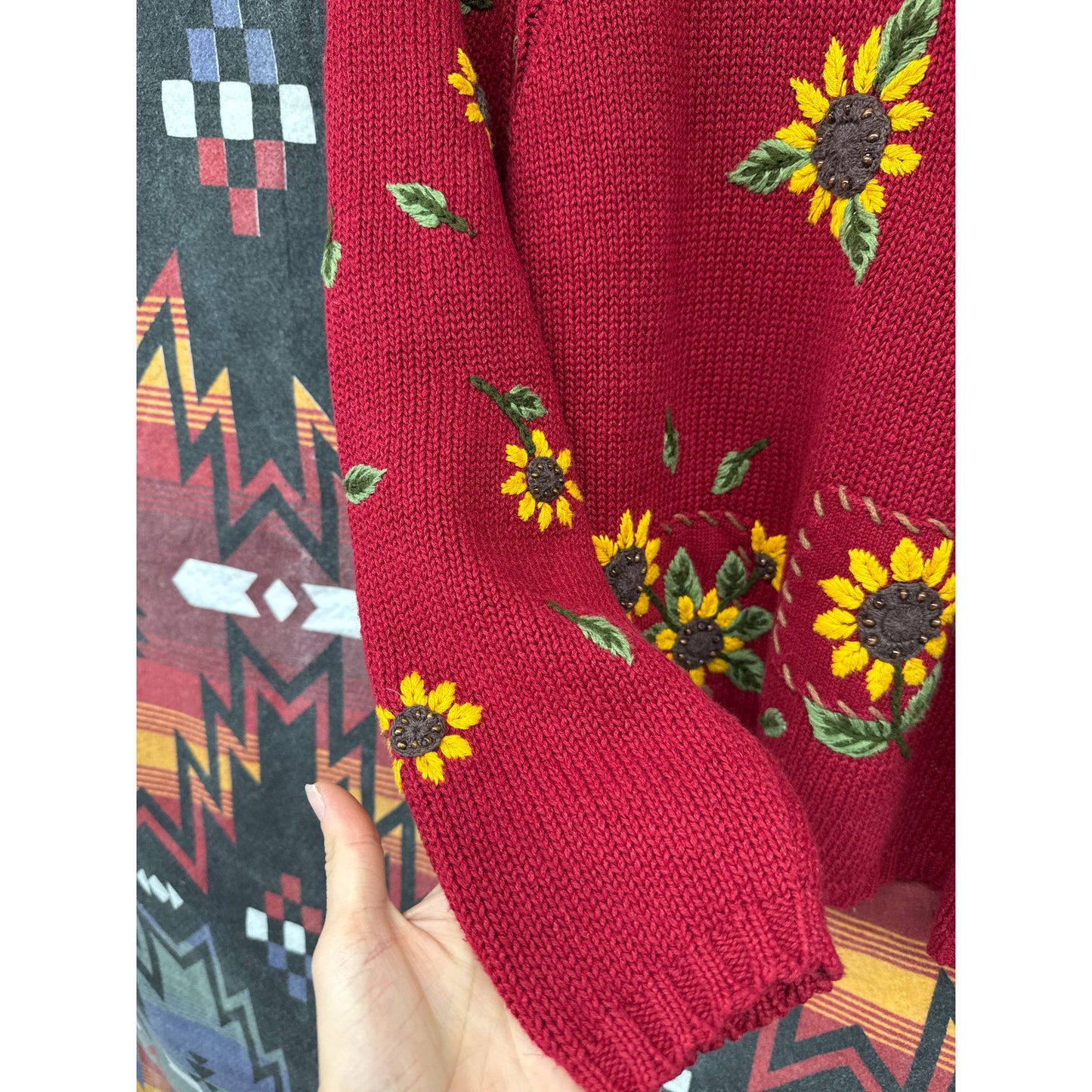 PBJ Vintage Red Sunflower Crotchet Knit Sweater Large Cottage  Meadow Fairy