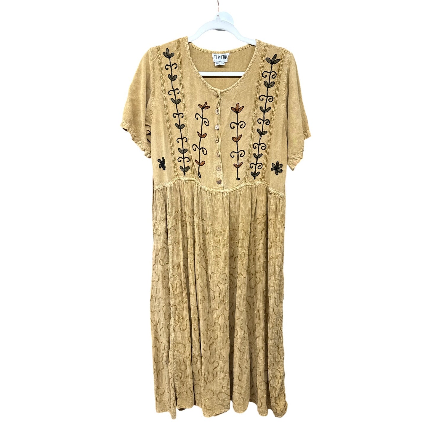Vintage 90s Tip Top Women Medium Dress Mustard Yellow Floral Embroidered Cottage