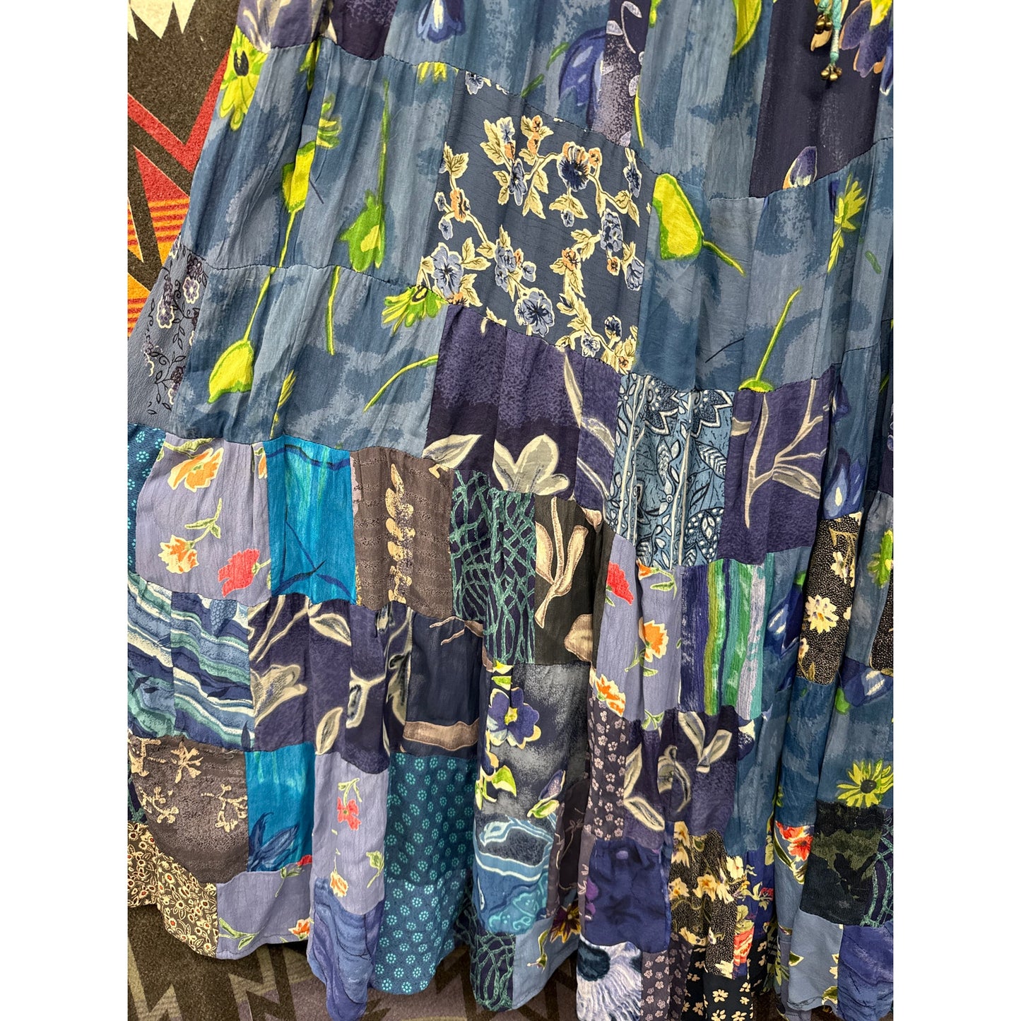 90s Blue Patchwork Floral Garden Tiered Pleated Maxi Skirt One Size Hippie Fairy