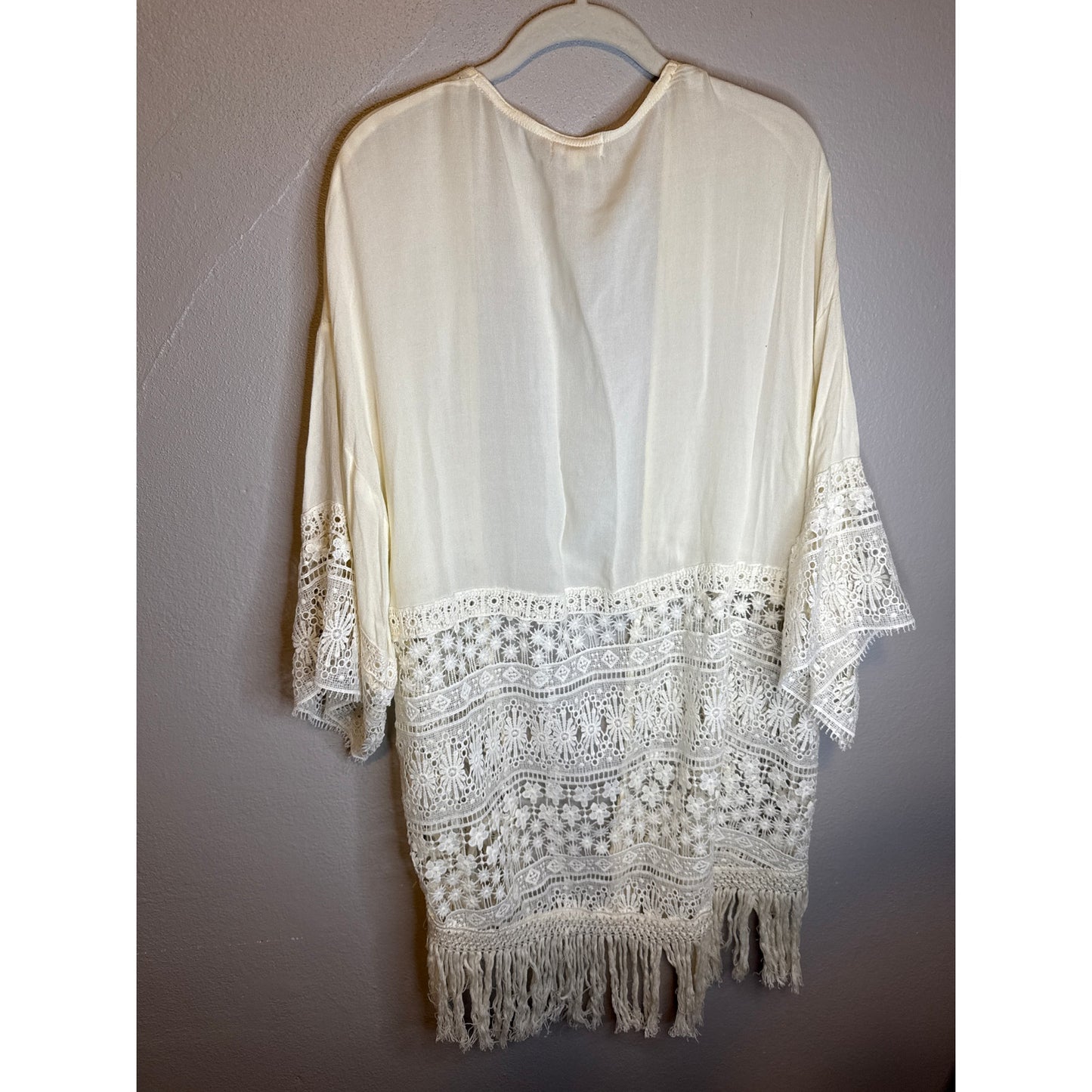 Crotchet Cream Fringe Sheer Robe XL Duster Kimono Boho Earthy Hippie Festival