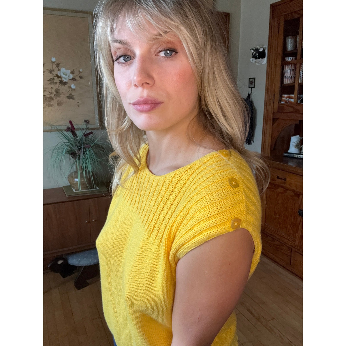 TailorSport Vintage Women’s Knit Sleeveless Sweater Large yellow 80s Cotton