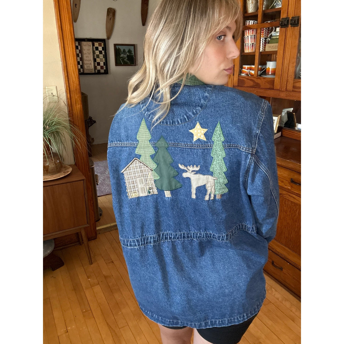 Christopher & Banks XL Log Cabin Denim Jacket Bear Northwoods Western Corduroy
