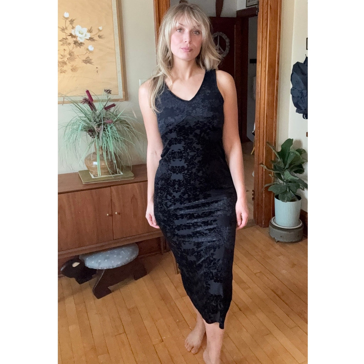 Vintage Express Women’s Maxi Dress 2 90s Y2K Whimsygoth Velvet Black Witchy Sexy