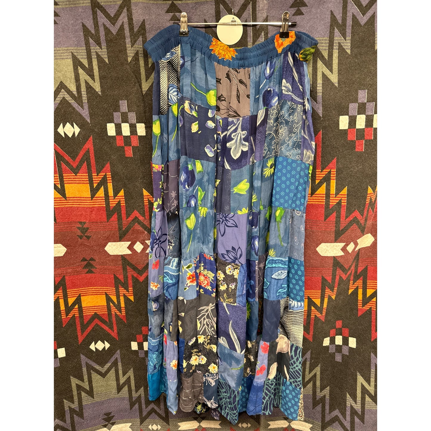 90s Blue Patchwork Floral Garden Tiered Pleated Maxi Skirt One Size Hippie Fairy