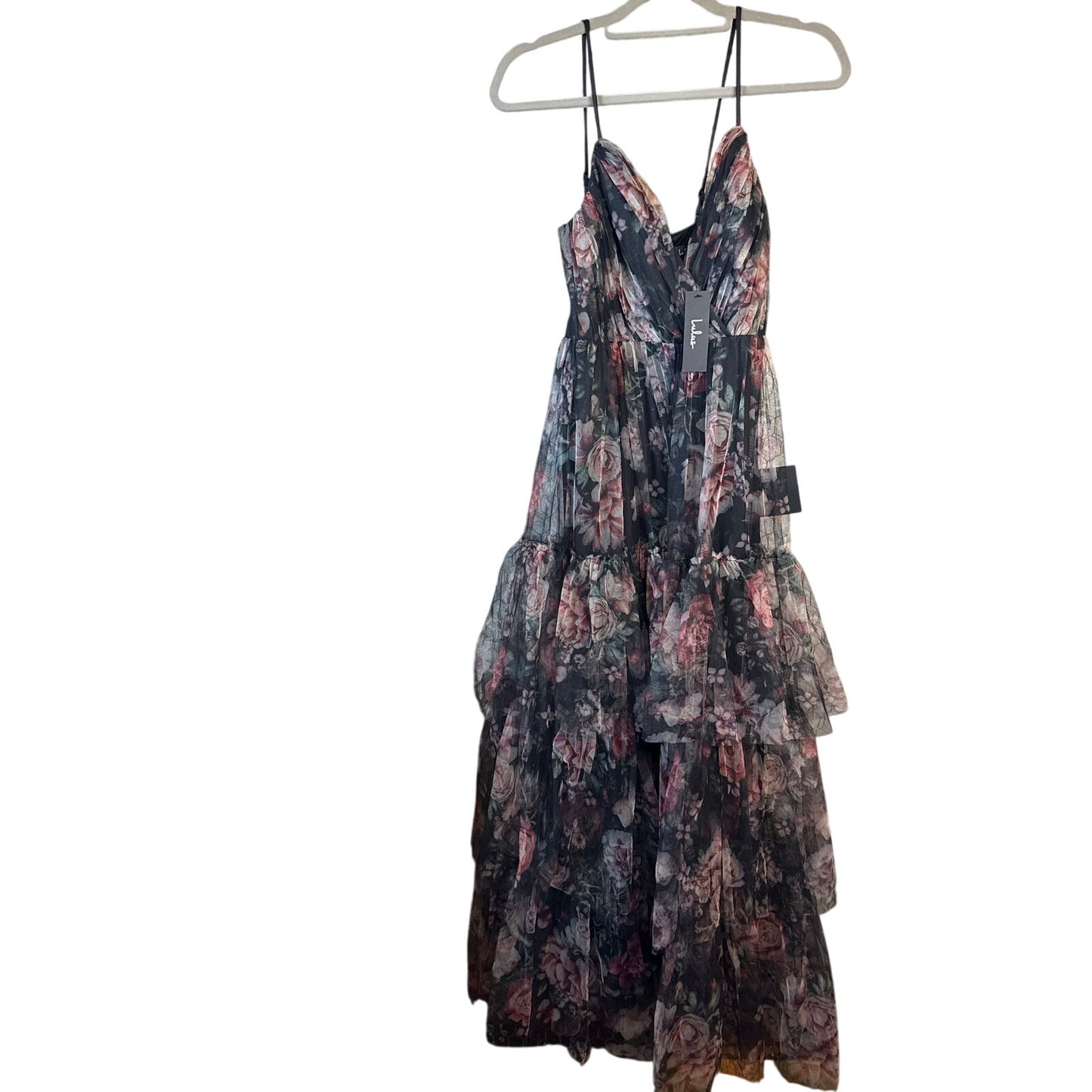 Lulus Wonderfully Perfect Black Floral Mesh Tiered Maxi Dress, Adjustable Straps, Goth, Whimsy
