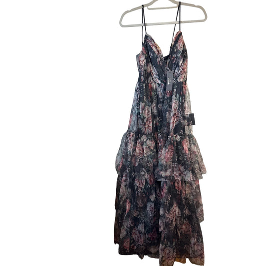 Lulus Wonderfully Perfect Black Floral Mesh Tiered Maxi Dress, Adjustable Straps, Goth, Whimsy