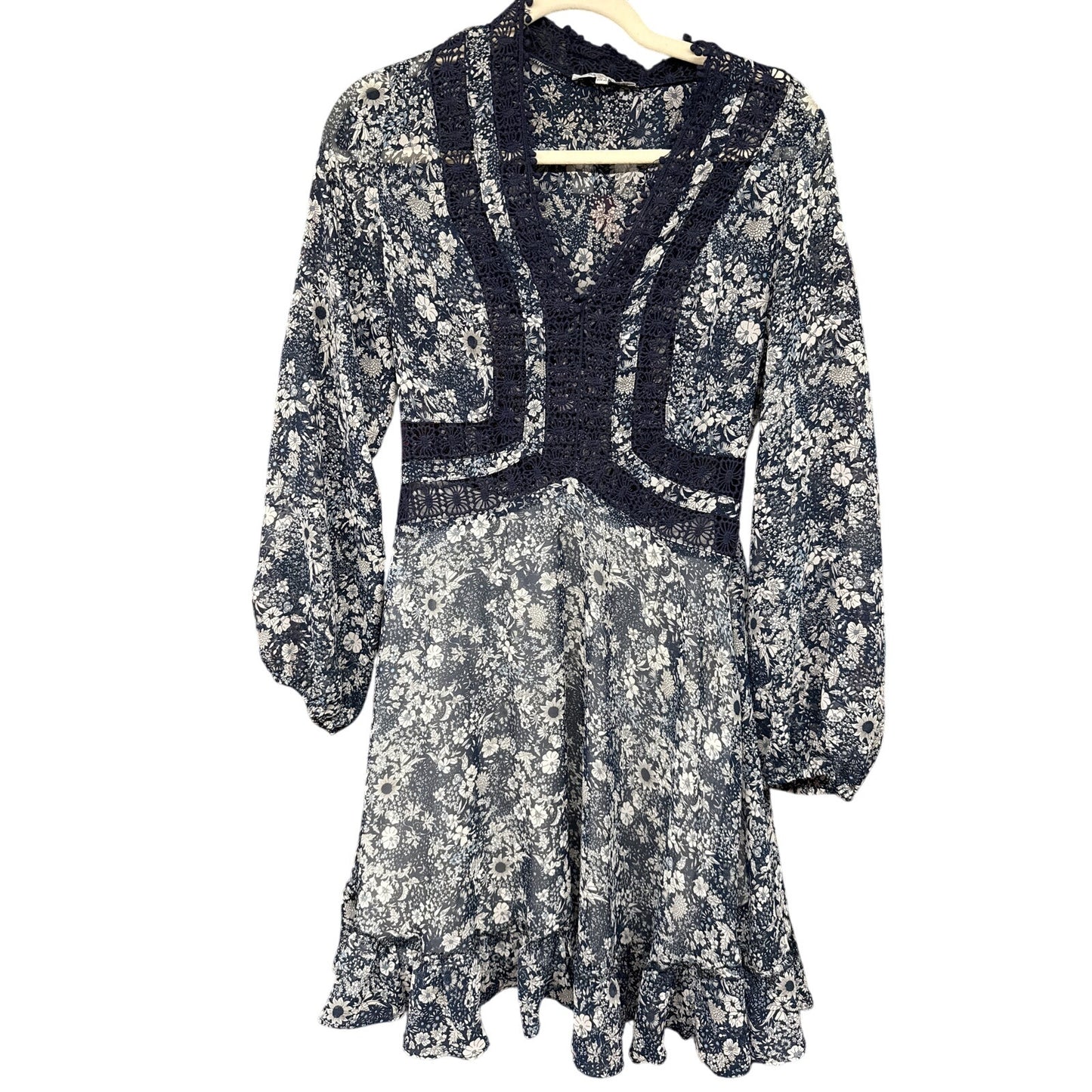 Lucy Paris Women's Sheer Blue Prairie Cottage Hippie Fairy Lace Mini Small Dress