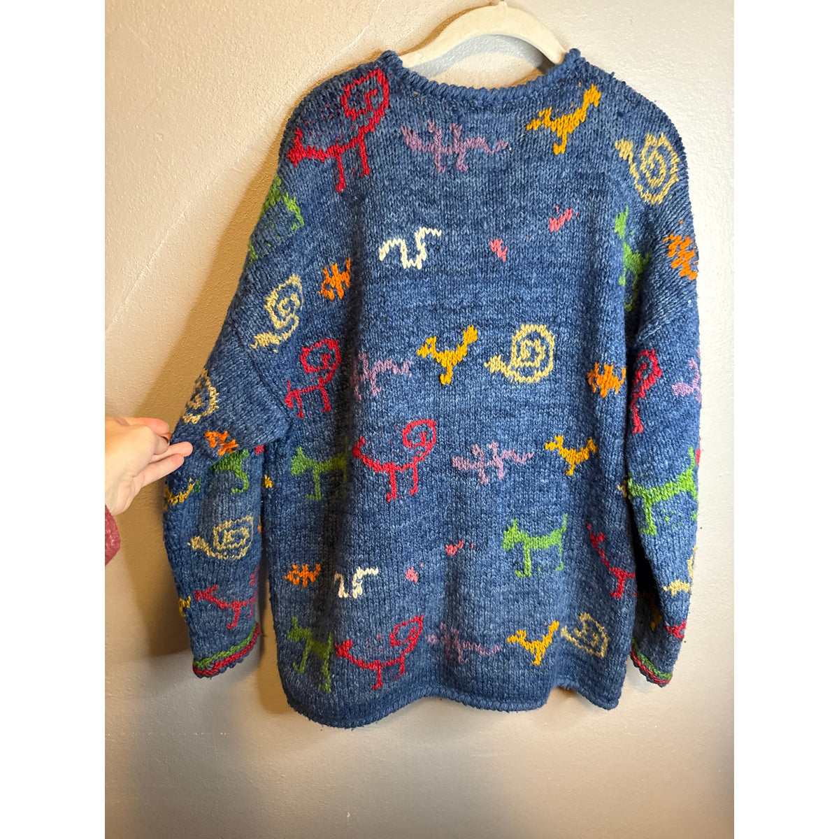 Amano Blue Wool Sweater XL Art to Wear Animals Quirky Grandma Playful Novelty