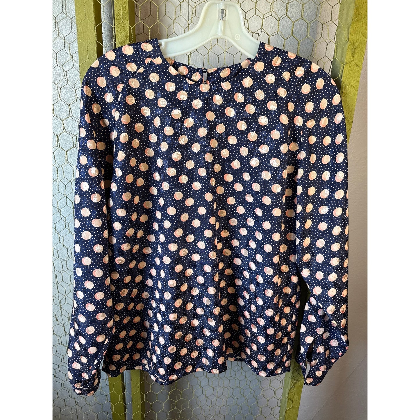 Michelle Stewart Size Small Pattern Long Sleeve Blouse Spring Navy