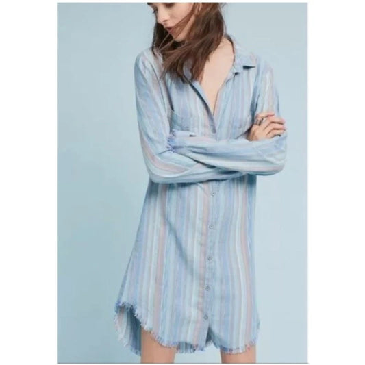 Anthropologie Cloth & Stone Women Fringe Chambray Linen Shirt Dress Medium