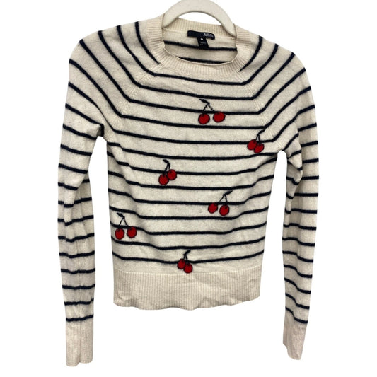 Aqua Cashmere Women's Cherry Black White Stripe Sweater XS Novelty Print