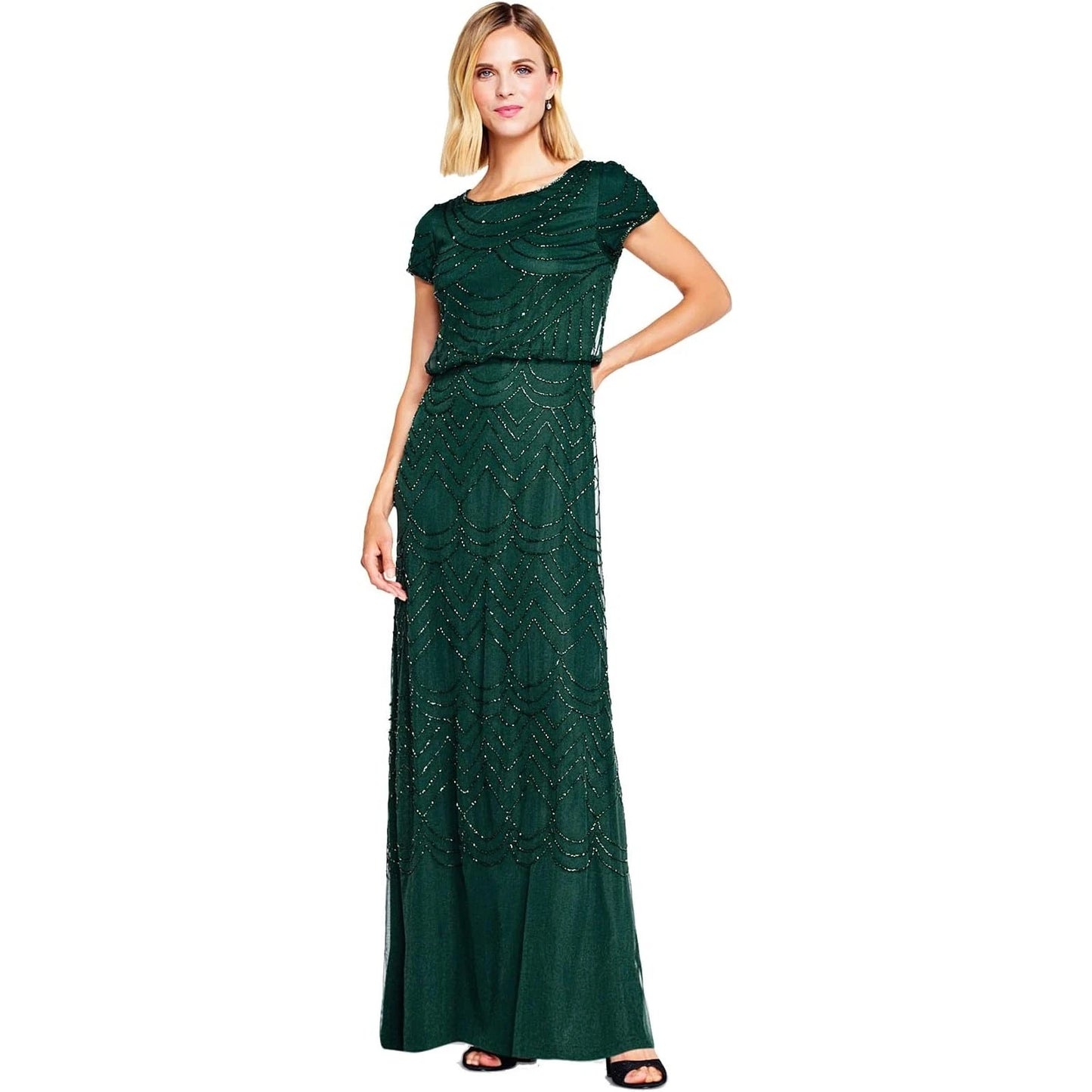 Adrianna Papell Women's Short Sleeve Blouson Beaded Gown 8 Emerald Green